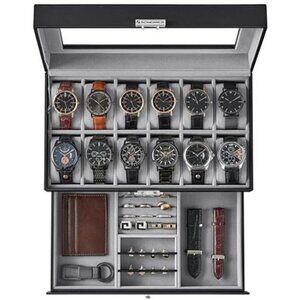 Watch Box 12-Slot Watch Case Organizer with Large Glass Lid